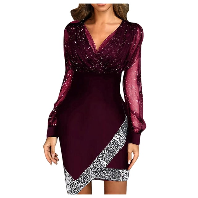 Long Sleeve Dress Womens Solid Color Sequins Long Sleeve A-Line Party Dress