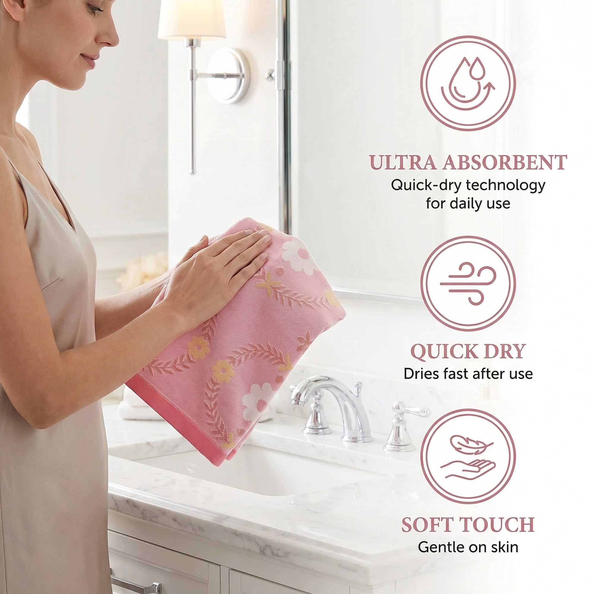 Unique Bargains Cotton Floral Jacquard Hand Towel Soft Absorbent Green Pink 29" x 13"
