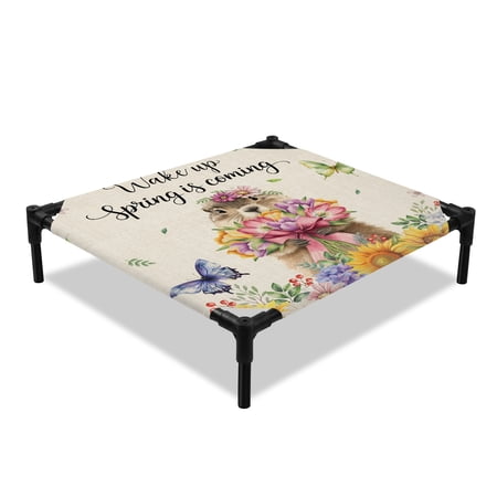 Groundhog Elevated Dog Bed Watercolor Spring Yellow Purple Pink Floral Butterfly Linen Texture Cooling Breathable Outdoor Raised Dog Cot Bed with Metal Frame Non-Slip Feet for Small Dog 20x20in