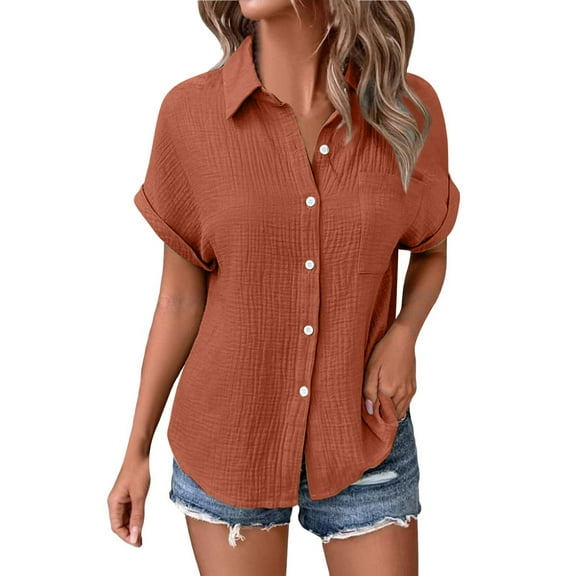 Outfmvch Linen Shirts Women Cotton Linen Button Down Shirt Women Lapel Gauze Tops Cotton Gauze Tops Womens 3/4 Sleeve Button Down Shirts Brown 3XL