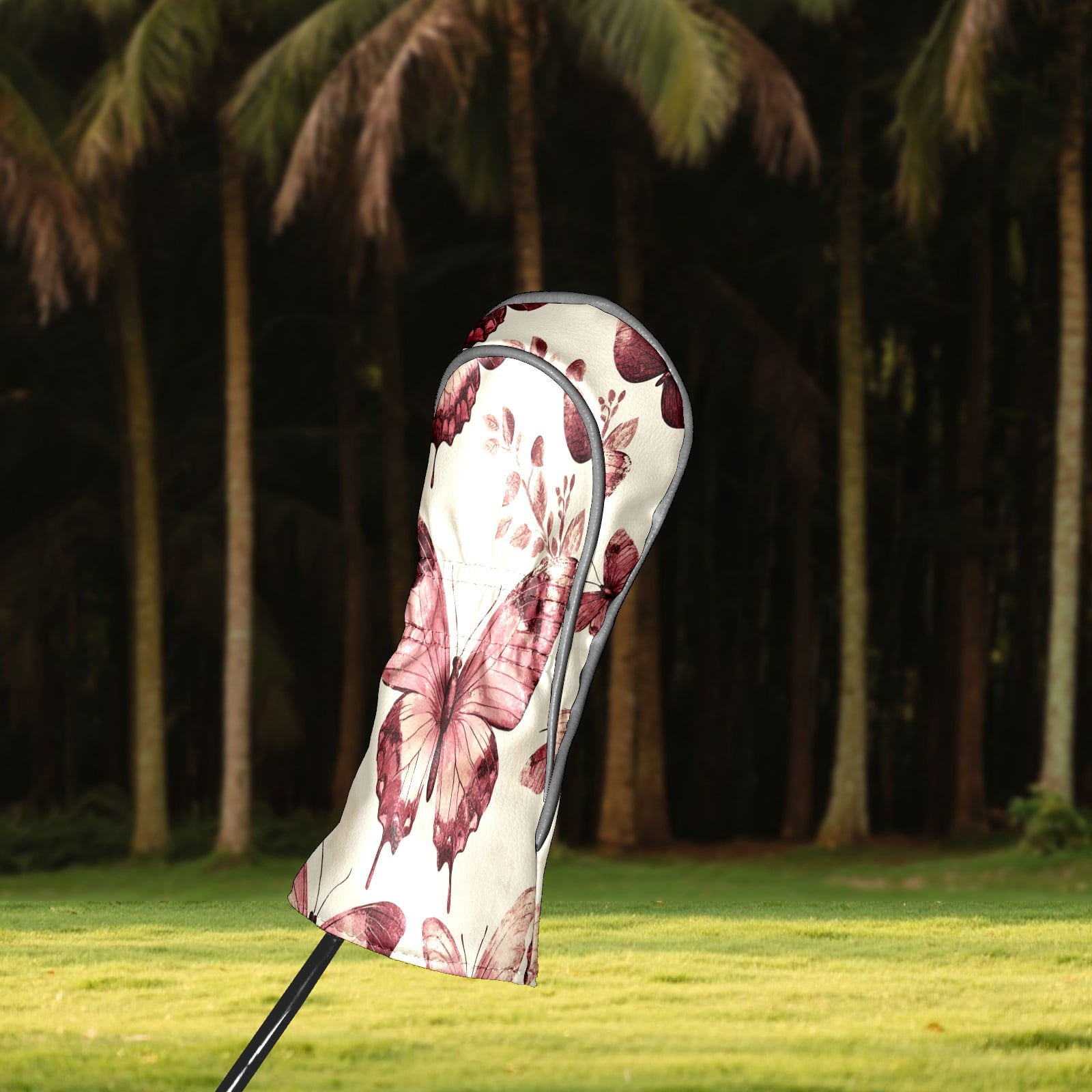 Golf Club Covers PU Leather Waterproof Head Covers for Fairway Woods Hybrids Rose-red Butterfly