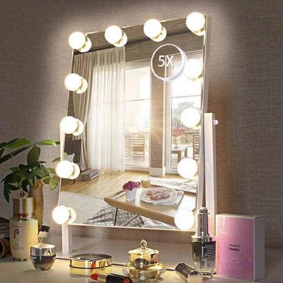 HIEEY Hollywood Vanity Mirror with 12 Dimmable Bulbs Lights, Three Color Lighting Modes, and 5X Magnification, Smart Touch Control, 360°Rotation (White,Gift Box)