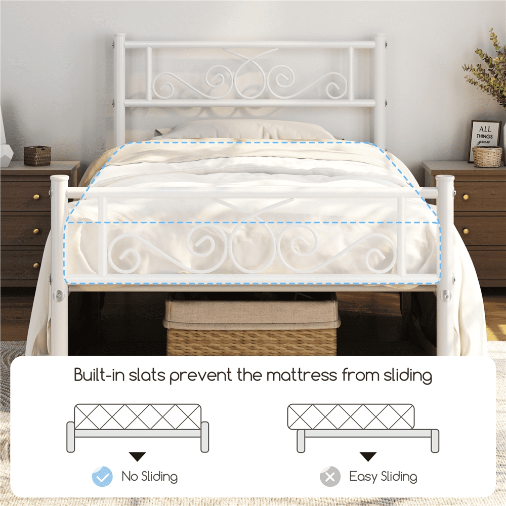 Fullfurnique Metal Platform Bed Frame with Scroll Headboard and Footboard, Full, White