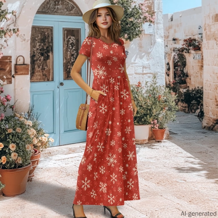 stretchy holiday dress Uourmeti Elastic Short Sleeve Maxi Dress, Red Snowflake Print Soft Stretch Women Long Maxi for Dinner Summer, Women's, Size: 2XL nookie