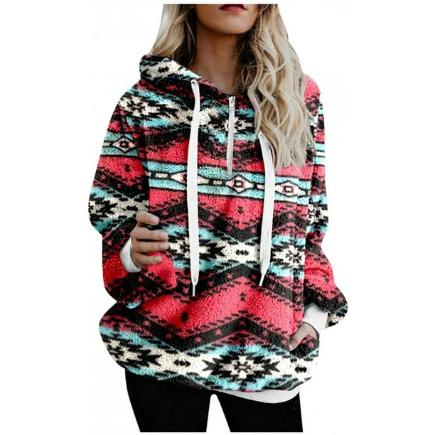 Oversized Fleece Hoodie for Women Fashion Southwestern Graphic Hooded  Sherpa Coat Zipper Drawstring Pullover Outerwear