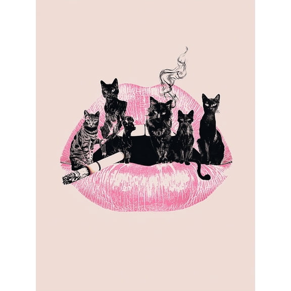 UXIEQU Black Cats On Lips With Cigarette Canvas Wall Art Print 15.75x11.81 Inches