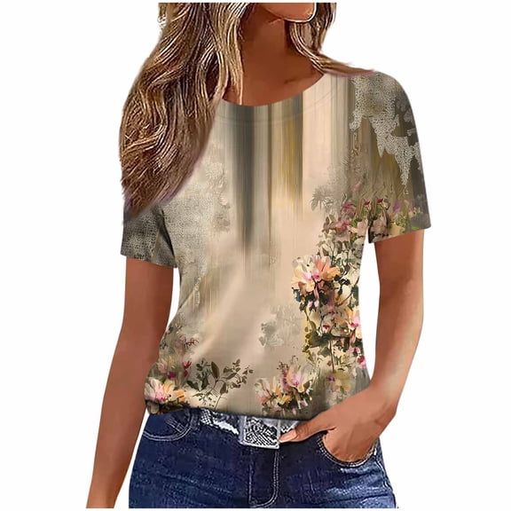 Edvintorg Womens Tops Summer Printed Loose Fit Crew Neck Short Sleeve Lightweight Comfy Casual Pullover Shirts Plus Size Fashion Khaki XXL