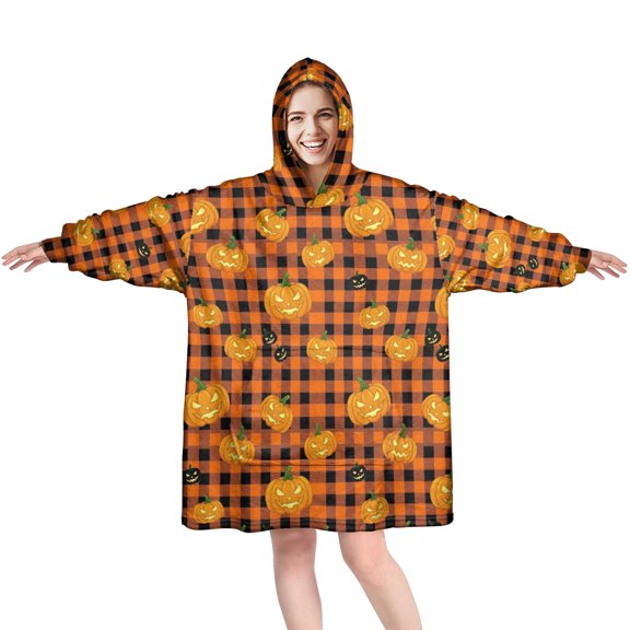 Halloween Pumpkin Plaid Orange Wearable Blanket Hoodie, Flannel Oversized Wearable Blanket Hoodies with Sleeves & with Sleeves & Pockets, Comfort Gifts Ideas for Reading Watching TV and Relaxi