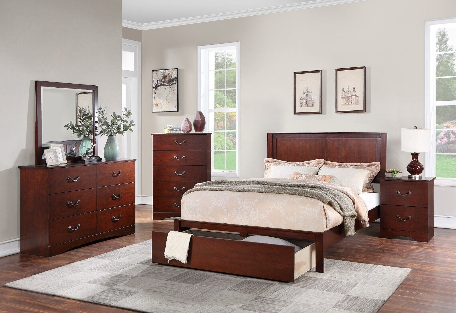 6pc Bedroom Set Classic Chic Queen Size Bed w underbed Drawer Dresser