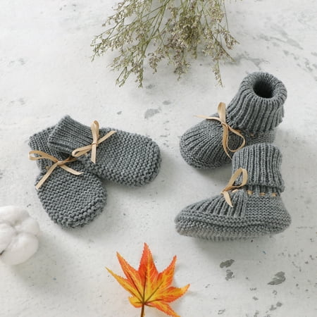 

Baby Shoes + Gloves Set Knit Newborn Girls Boys Boots Mitten Fashion Butterfly-knot Toddler Infant Slip-On Bed Shoes Hand Made