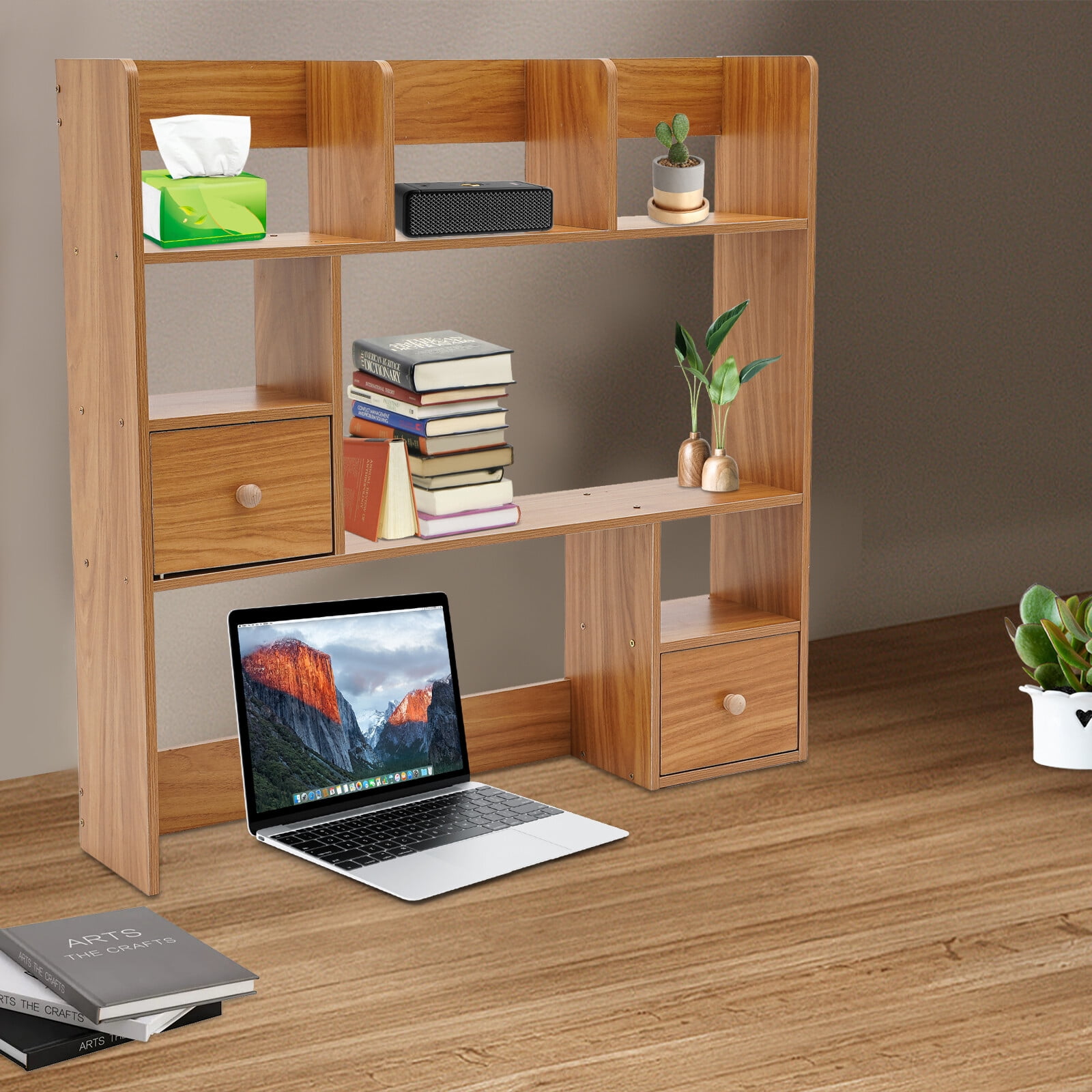 ToppiJoy Desktop Bookshelf, Desk Storage Organizer, Wood Desk Display Shelf Rack, Office Supplies Desk Organizer (Pine Color)