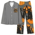thumbnail image 2 of VBTAPA Halloween Pajamas Women 2Pc Set Black Cat Pumpkin Print Long Sleeve Button Down Shirt and Wide Leg Pants Set Loose Comfy Pjs Sets Soft Holiday Sleepwear Gray XL, 2 of 5