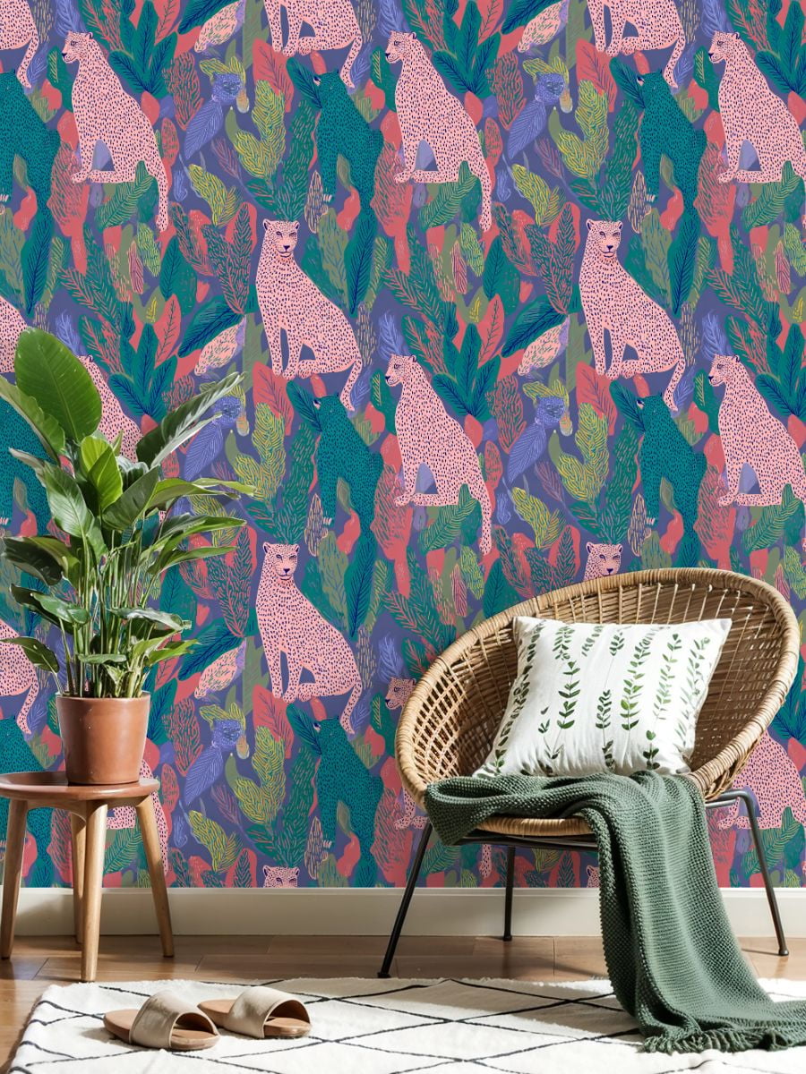 Cheetah Peel and Stick Wallpaper 23.6in x 9.8ft Pink Teal Cheetah Jungle Tropical Leaves Purple Contact Paper Vinyl Waterproof Self Adhesive Wall Paper for Bedroom Shelf Cabinet Renter Friendly