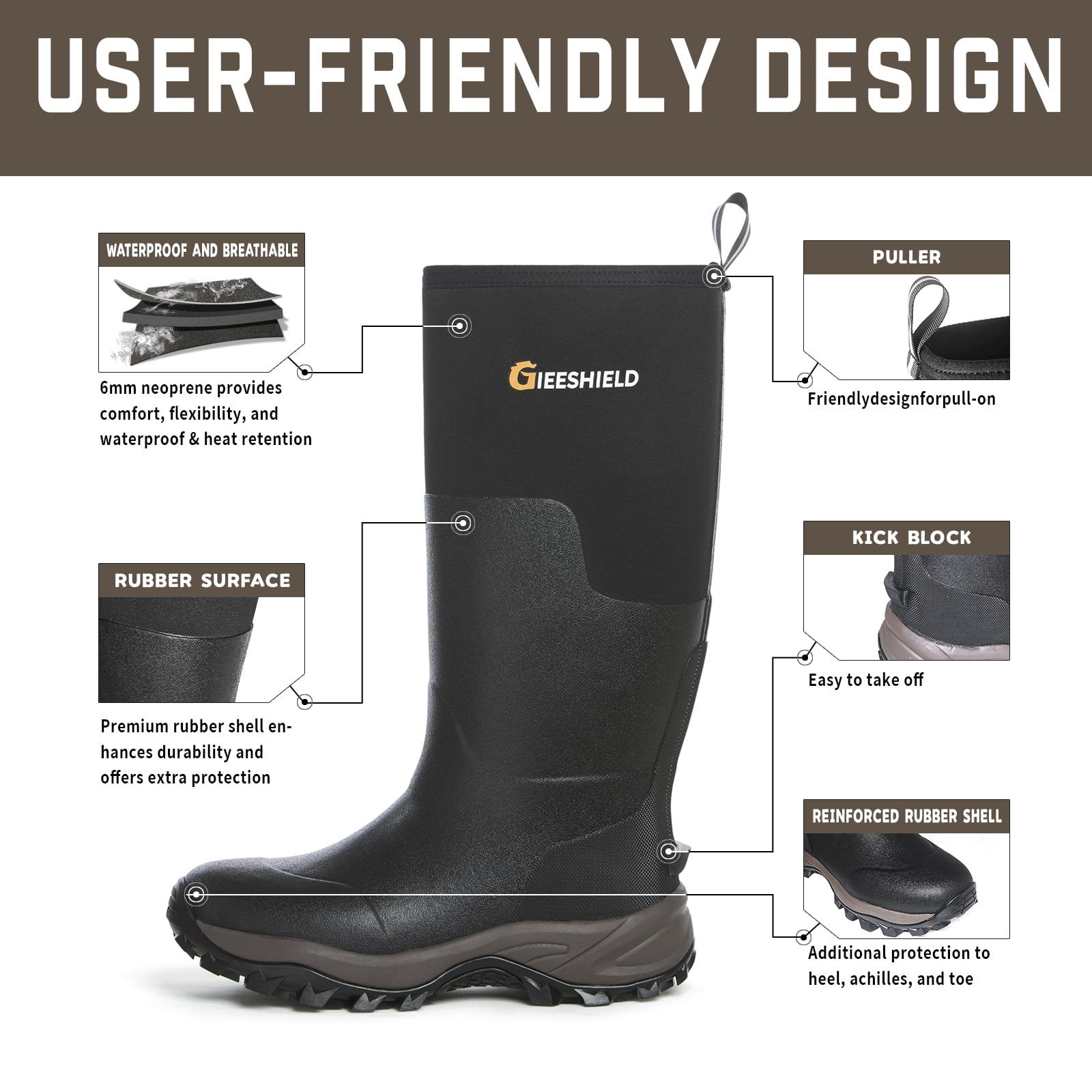GIEESHIELD Rubber Boots for Men & Women – Ultra-Light Waterproof 6mm Neoprene Insulated Boots with Anti-Slip Sole, Warm Hunting & Rain Boots for Farming, Snow, Mud(Black, Next Camo G2)