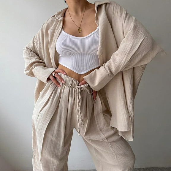 ZEHJUHAN Women's Stylish 2-Piece Lounge Set - Comfortable Lapel Shirt & High-Waisted Pants, Loose Fit Casual Outfit for Work & Weekend