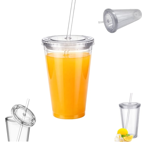 Clear Acrylic Tumbler with Straw and Lid, 16oz Double Walled Insulated Reusable Plastic Iced Coffee Cup, Travel BPA-Free To Go Cup for Iced Coffee, Smoothies, Water