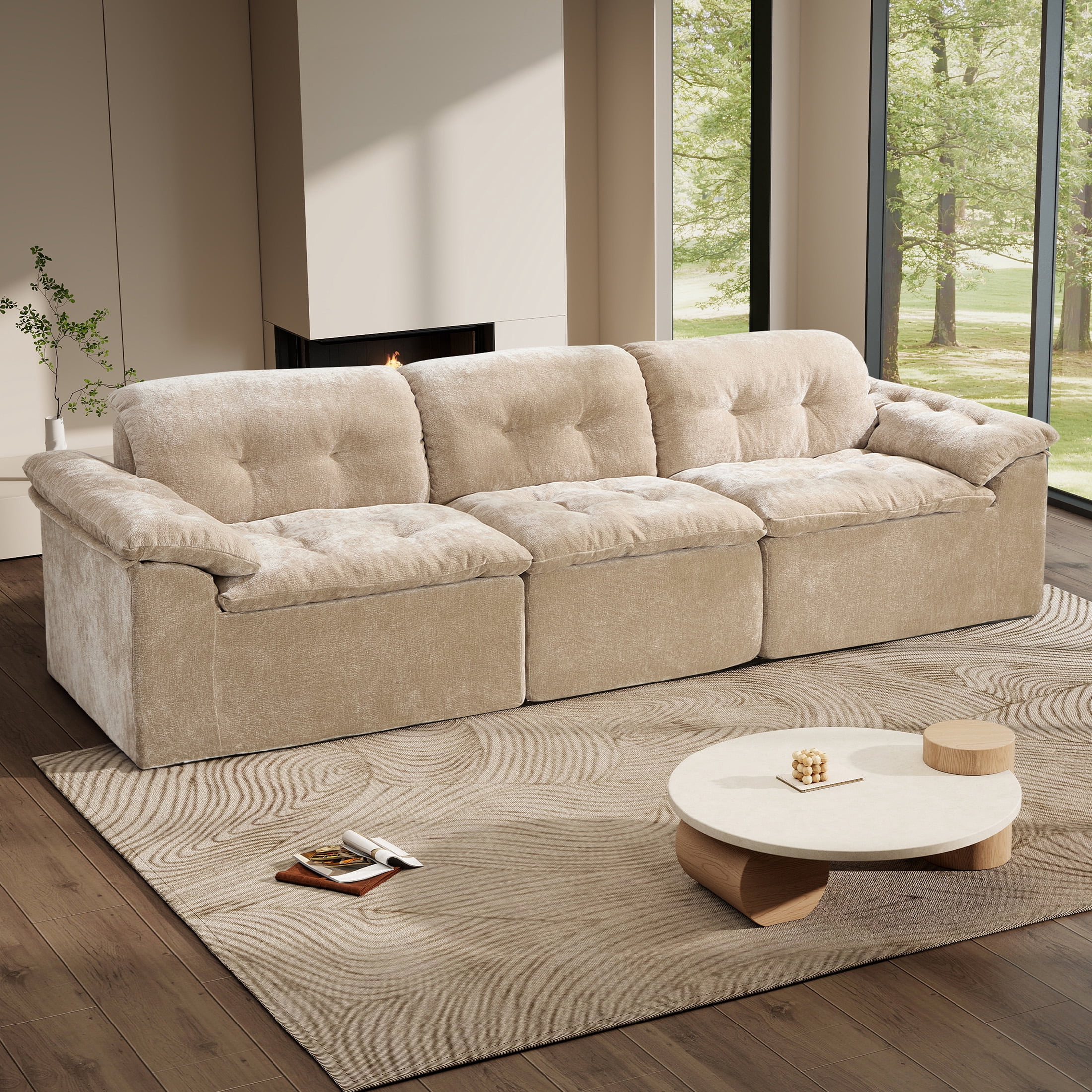Aukfa 3-Piece Cloud Modular Sectional Sofa for Living Room, Ice Flower Chenille, Tan