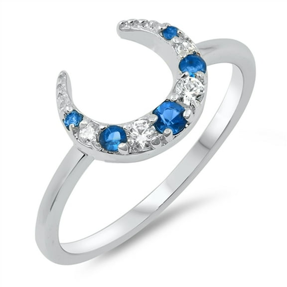Blue Simulated Sapphire Crescent Moon Sparkle Ring .925 Sterling Silver Band CZ Female Size 10