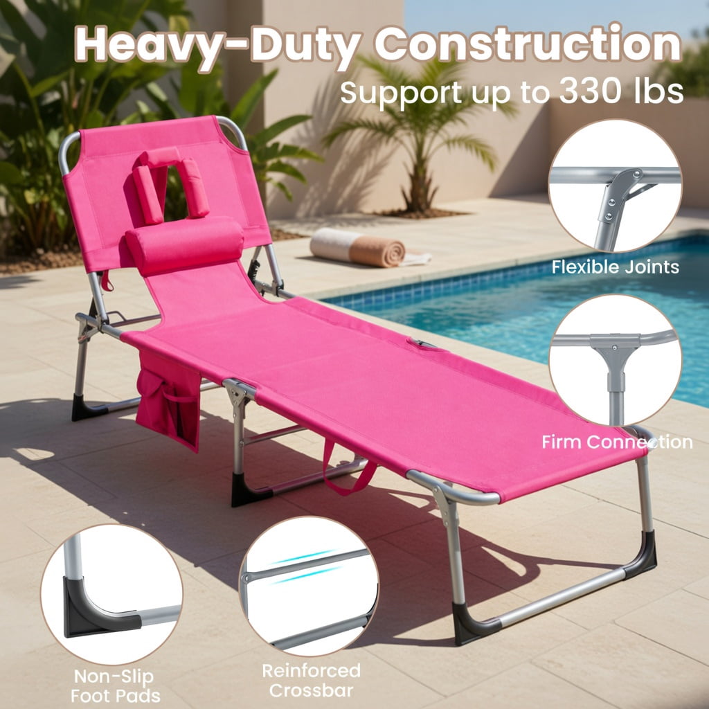 Hommoo Foldable Tanning Chair with Face & Arm Holes, Lightweight Portable Sun Lounger for Beach, Pool, Patio, Pink