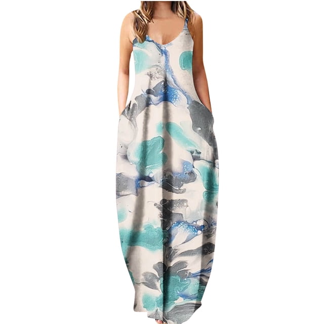 SMihono Robe Maxi Bohème d'Été pour Femmes Grande Taille Robe d'Été Imprimée Sans Manches Col Rond Aguichant Robe de Plage Décontractée Fluide Robe de Plage
