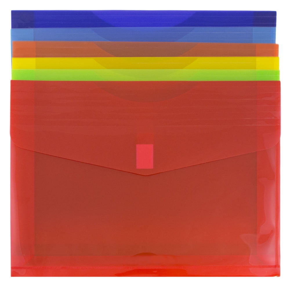 JAM Paper Plastic Hook & Loop Envelopes, 9 3/4 x 13 x 2, Assorted Colors, 6 per Pack