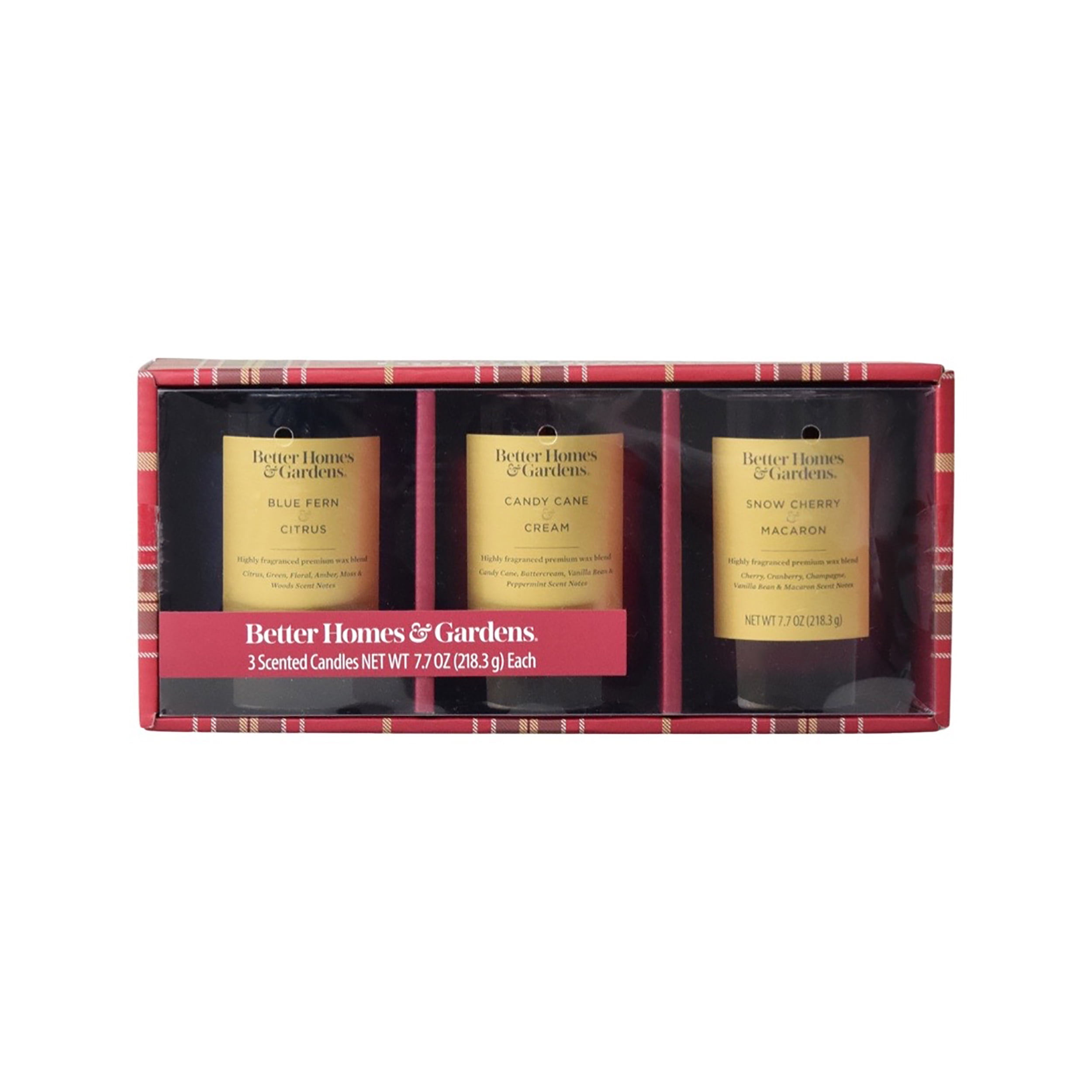 Better Homes & Gardens 8oz Snow Cherry & Macaroon, Candy Cane & Cream, Blue Fern & Citrus Scented Jar Candle Trio