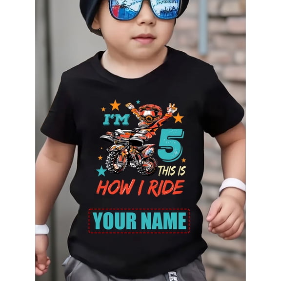 customizable 4th 5th year old off road motorcycle themed graphic print t shirt boys stylish and neck short sleeved top suitable as a a childrens birthday party