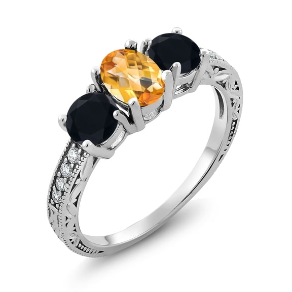 Gem Stone King 1.80 Ct Oval Checkerboard Yellow Citrine Black Onyx 925 Sterling Silver Moissanite Ring (Size 9)
