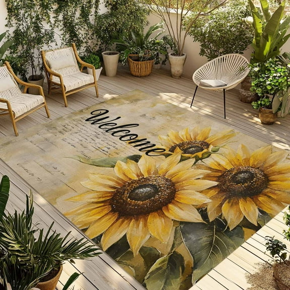 Fsddascl Sunflower Outdoor Rug for Patio/Deck/Porch, Non-Slip Large Area Rug 6 x 9 Ft, Welcome Vintage Summer Botanical Pastoral Indoor Outdoor Rugs Washable Area Rugs, Reversible Camping Rug Carpet