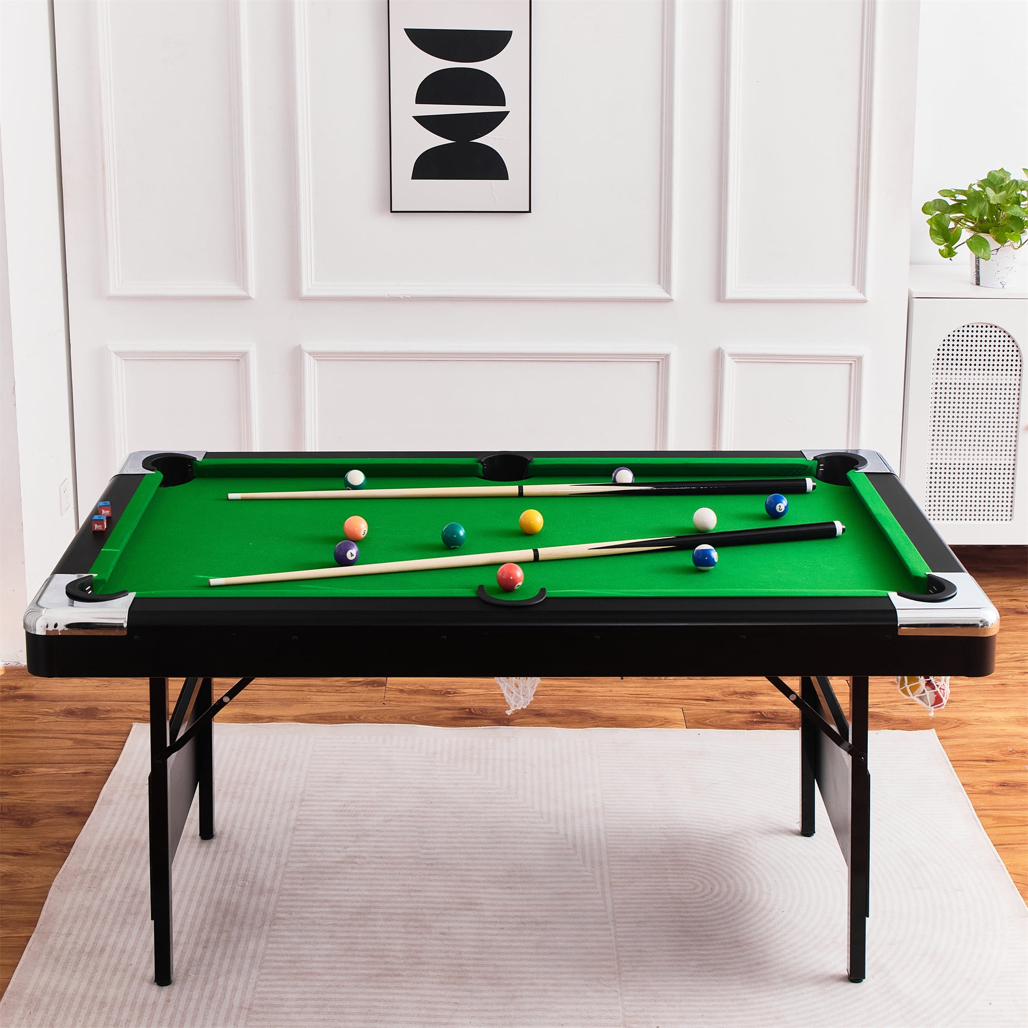 Aukfa 70" Folding Pool Table Portable Billiards Table, No Assembly, Includes Full Set of Balls, 2 Cue Sticks, Chalk and Felt Brush