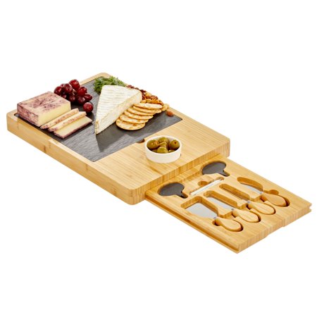 mDesign Serving Charcuterie Boards/Accessories - Wood and Slate Appetizer Holder Board with Cheese Knife Set  Ceramic Bowl  Chalk Pencils  and Label Flags - Natural Wood
