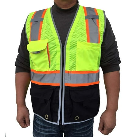 

3C Products Premium ANSI/ISEA 107-2015 Class 2 Safety Green Solid Front Mesh Back Surveyor Safety Vest w/ Black Bottom Inside Tablet-Pocket Mic Tabs and Pen Holder - SV3700-2XL