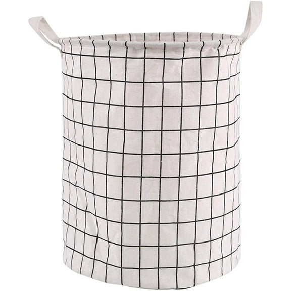 A collapsible, large laundry basket with handles, featuring a white checkered design. Suitable for use as a clothes hamper, toy organizer, or storage basket.