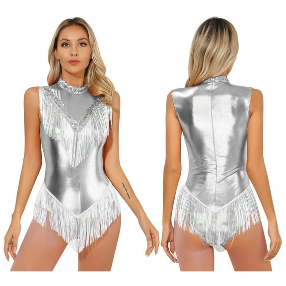 Aislor Womens Shiny Metallic Fringed Dance Leotard Bodysuit Sequins Latin Jazz Ballroom Costume Silver M