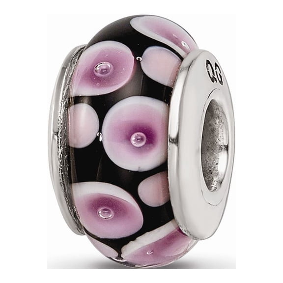 Fancy Bead White Sterling Silver Glass 13.64 mm 7.27 Reflections Purple Black Hand-Blown Bead