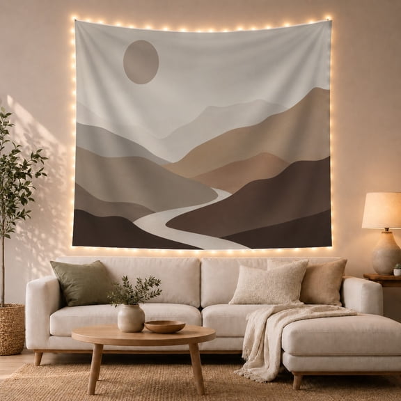 Neutral Minimalist Mountain Landscape with Round Sun, Calming Boho Art for Nature Lovers, Nature Inspired Decor, Housewarming Gift Tapestry Wall Hanging for Bedroom and Living Room