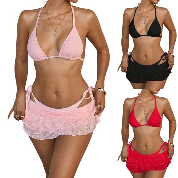 FRSASU Women's 3 Piece Swimsuits Triangle Halter String Bikini Set with Cover up Lace Layered Ruffle Skirt Red