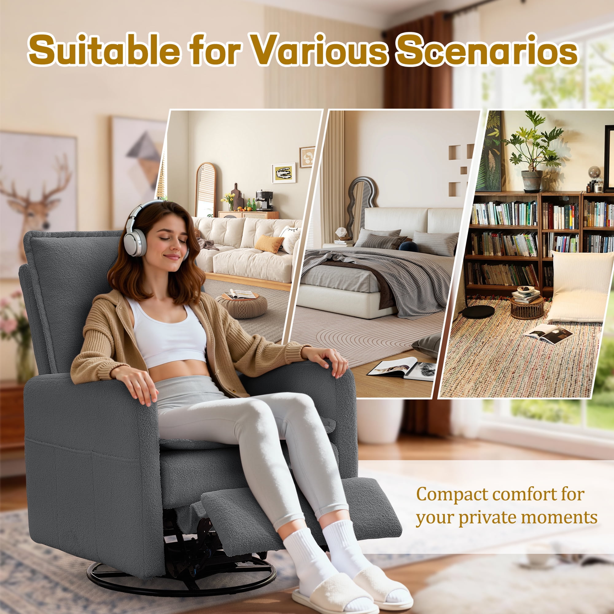Korser Manual Swivel Rocker Recliner Chair with Side Pockets Nursery Glider Recliner for Living Room, Nursery, Grey