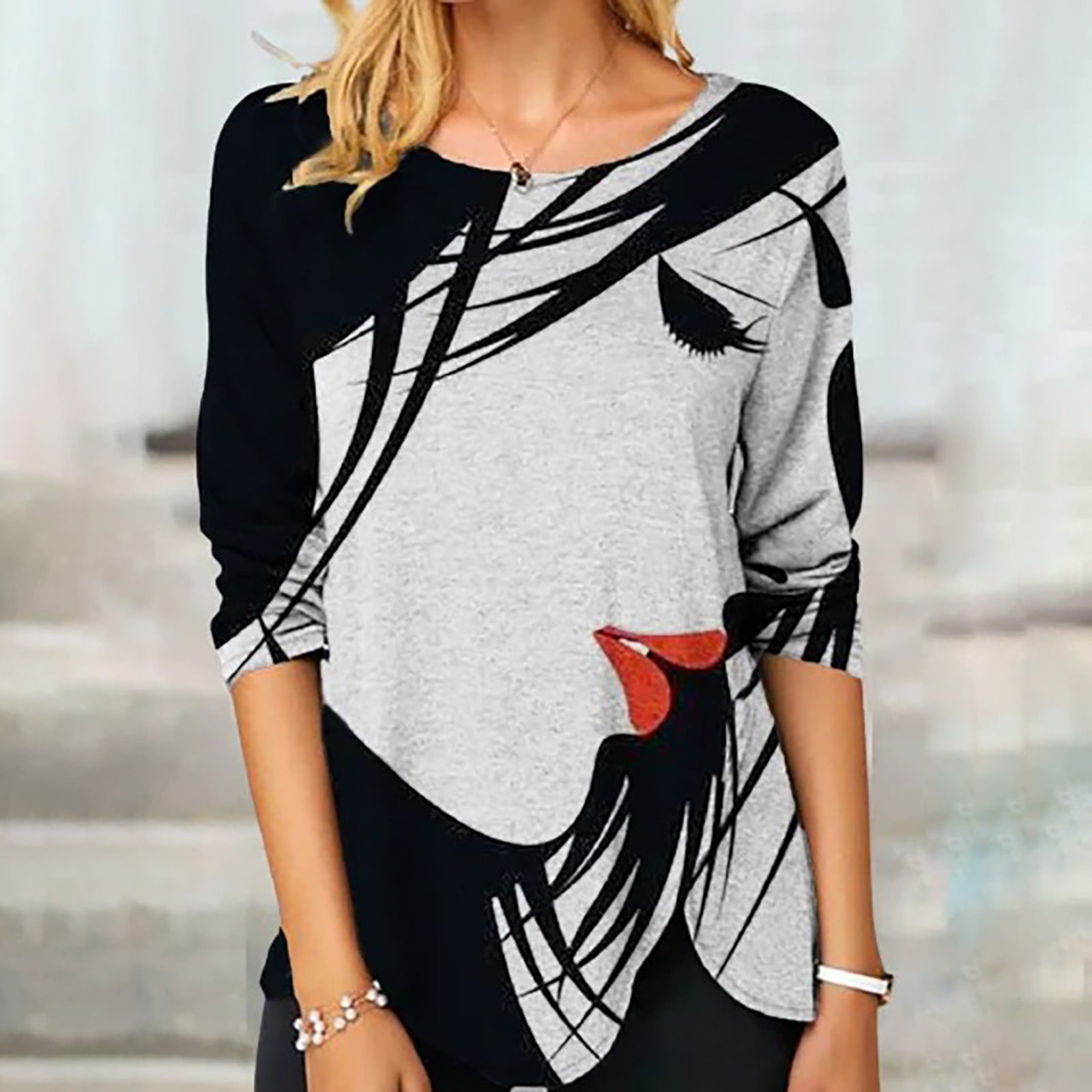 USSUMA Abstract Face Print Womens Blouses and Tops Dressy Long Sleeve  Female Tops Casual Plus Size Long Henley T-Shirts Shirt for Women Trendy  Round Neck Tunics Fall Long Sleeve Plus - Walmart.com
