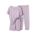 thumbnail image 3 of Feancey 3 Piece Pajama Set for Teen Girls Ice Silk Short Sleeve Top and Shorts Long Pant Lounge Sets Kids Casual Moon Print Sleepwear Outfits Purple 7 Years, 3 of 4