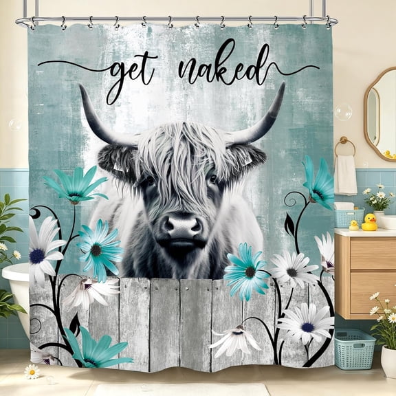 Highland Cow Shower Curtain Get Naked Rustic Farmhouse Bull Bathroom Decor with Turquoise Daisies 71x71 inches