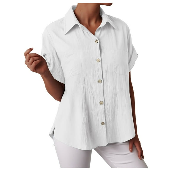 GEWSEY Womens Linen Button Down Shirts Short Sleeve Oversized Boyfriend Solid Tunic Tops Casual Dressy Tunics (White, 3XL)