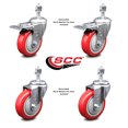thumbnail image 2 of 4 Inch SS Red Polyurethane ½ Inch Threaded Stem Caster Set 2 Total Lock Brake, 2 of 2