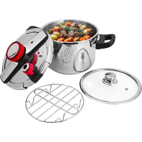 Pressure Cooker 6.5 Quart/6 Liter Stainless Steel,3-level Pressure Adjustment(9;15PSI),Pressure Canner with Glass Lid and Steamer