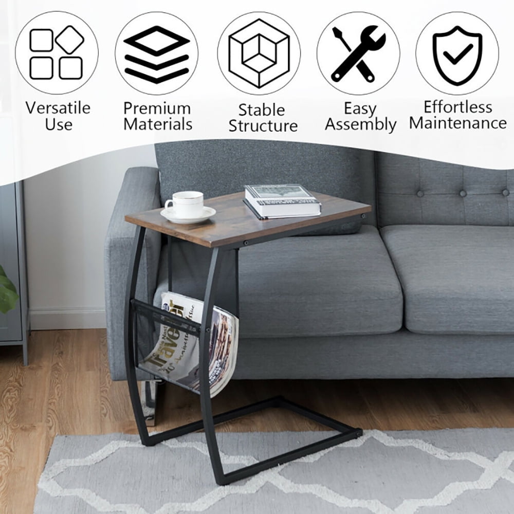 Finihen End Table, C-shaped Vintage End Table with Side Pocket and Metal Frame, Sofa Side Table, Bed Side Table, for Living Room, Bedroom, Black Finihen End Table, C-shaped Vintage End Table with Side Pocket and Metal Frame, Sofa Side Table, Bed Side Table, for Living Room, Bedroom, Black