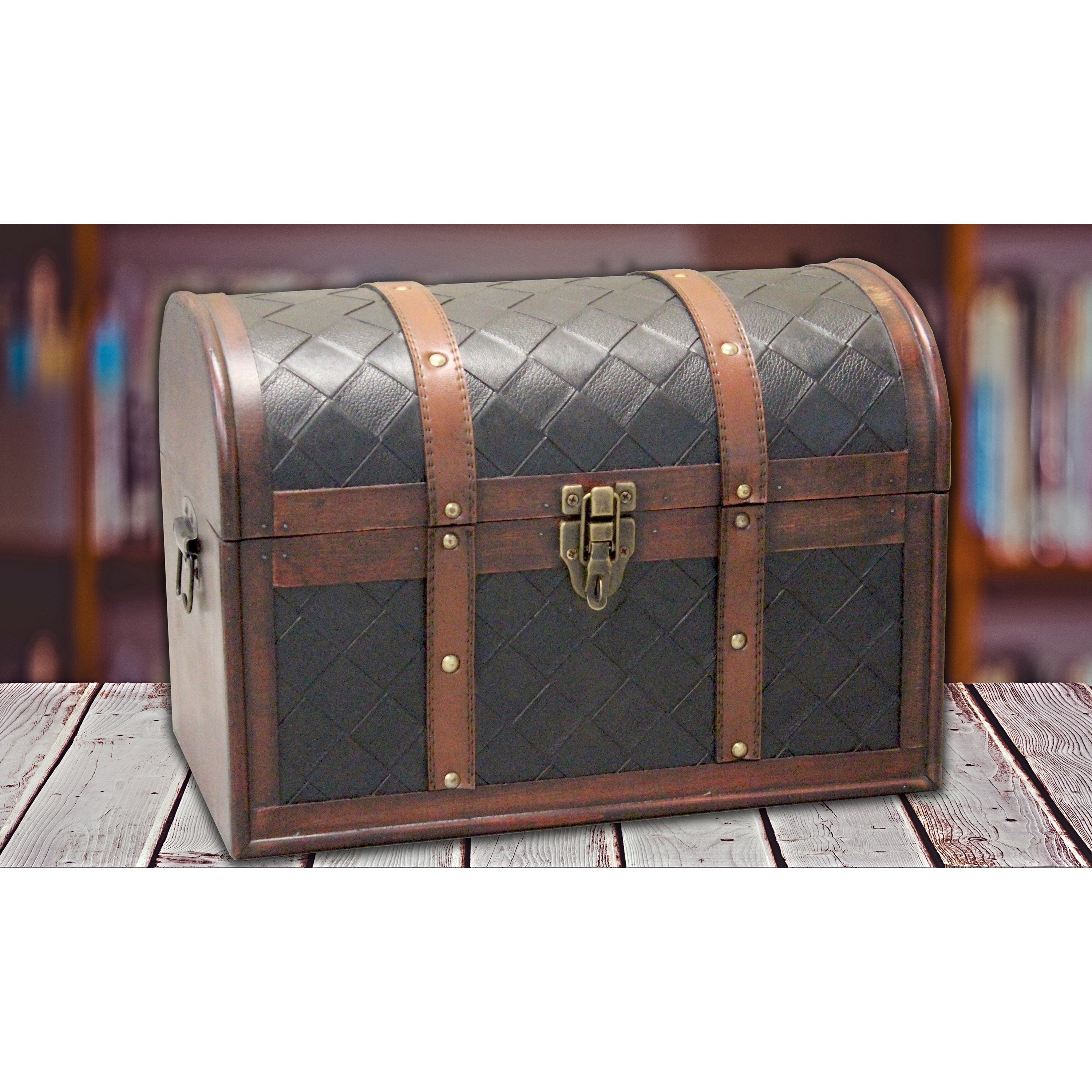 Wooden Leather Round Top Treasure Chest, Decorative storage Trunk with  Lockable Latch 