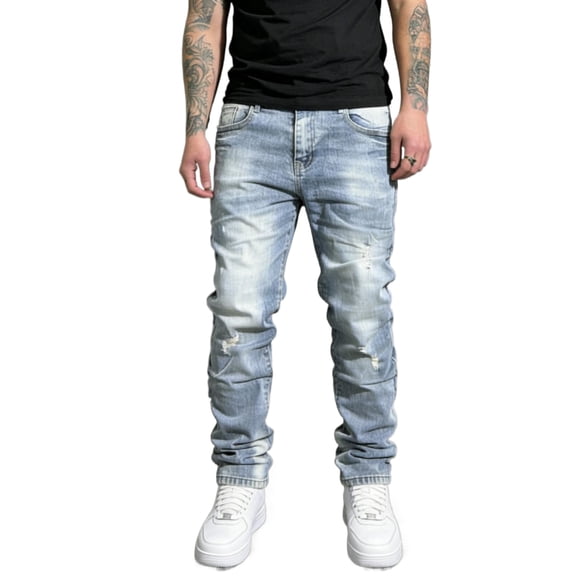 Reppunk Men's Vintage Light Wash Distressed Stacked Flare Jeans, Slim Bootcut Ripped Stretch Denim Pants, Business Casual Versatile Office Daily Commute Trousers