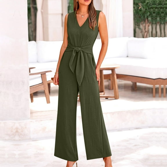 pstuiky Linen Pants Women, Womens Fashion Summer Solid Casual V Neck Sleeveless Belted High Waist Long Pants Rompers Work Pants Women Juniors Plus Pants