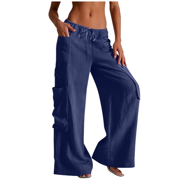 Hngshg Womens Cargo Pants Drawstring Elastic Waist Solid Color Casual Wide Leg Pants with Pockets Summer Vacation Outdoors Trousers