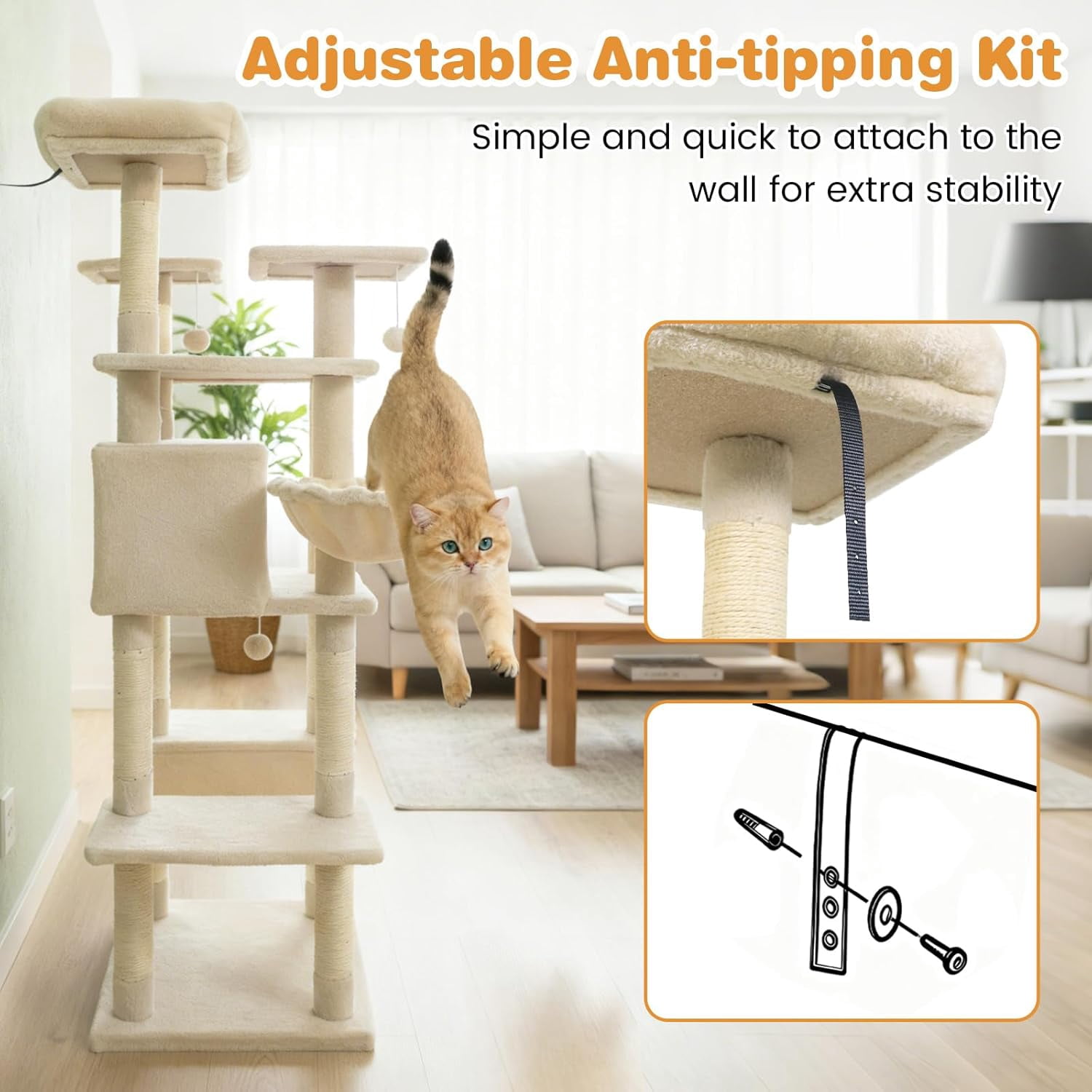 LEHOME Tall Cat Tree, 63 Inch Large Cat Tower with Sisal Scratching Posts, Plush Top Perch, Condo, Hammock, Basket Bed, Dangling Balls & Jumping Platforms for Indoor Cats Large Adult (Beige)